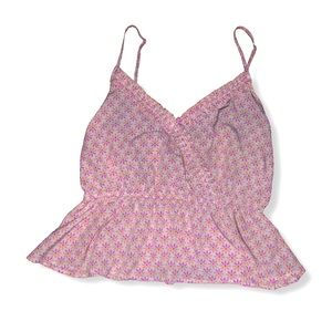 Lily White Y2K Floral Peplum Babydoll V-Neck Cami Crop Top - Barbie Pink Orange